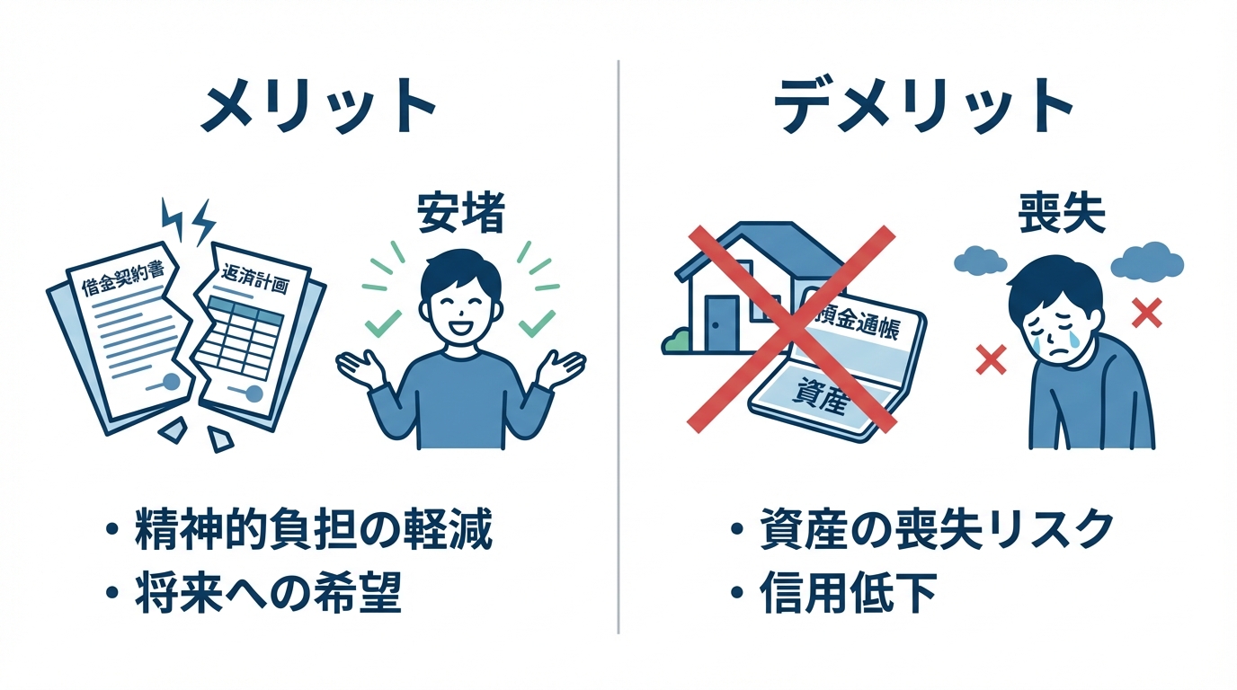 相続放棄のメリット(借金からの解放)とデメリット(プラスの財産も失う)を比較した図解。