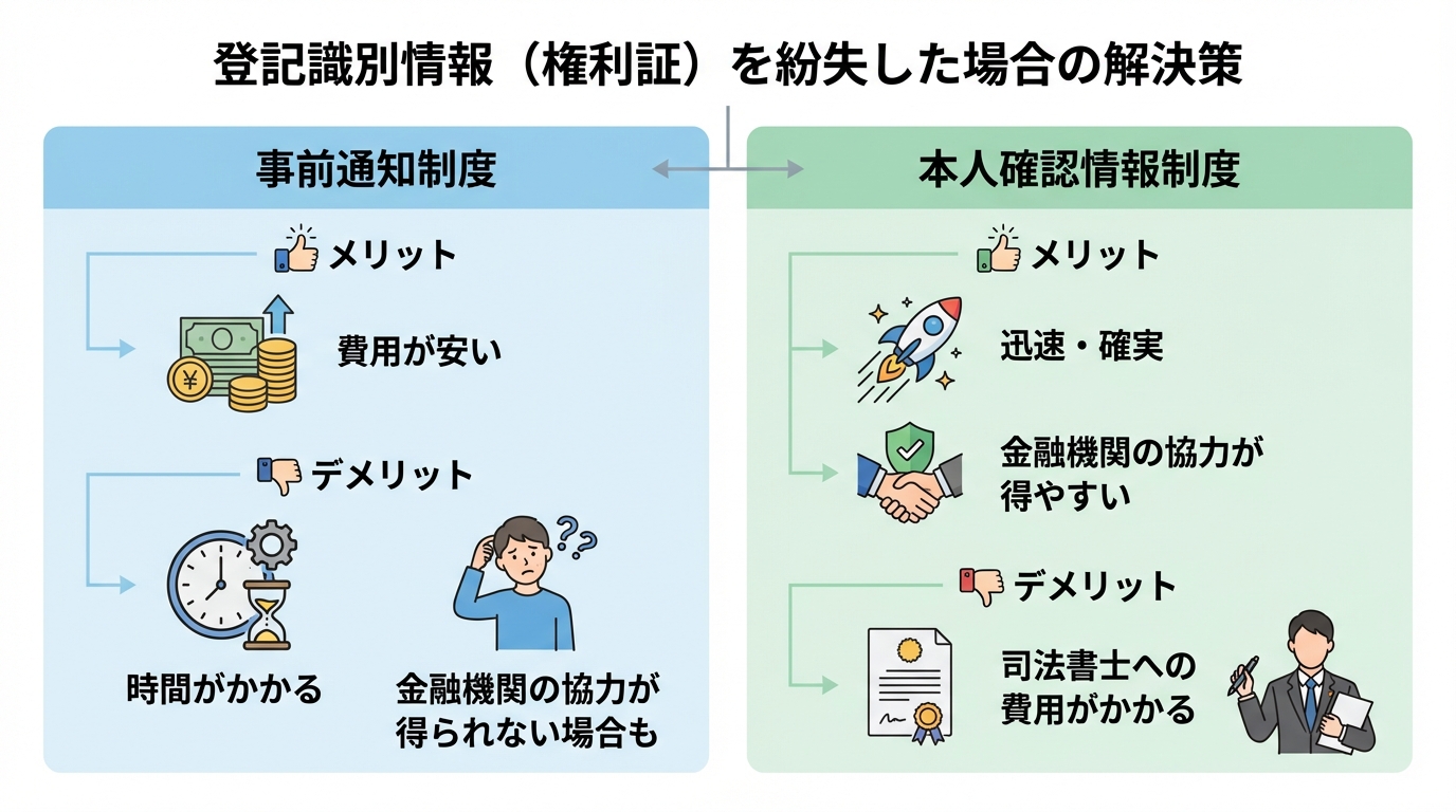 抵当権抹消で登記識別情報を紛失した場合の「事前通知制度」と「本人確認情報制度」のメリット・デメリットを比較した図解。