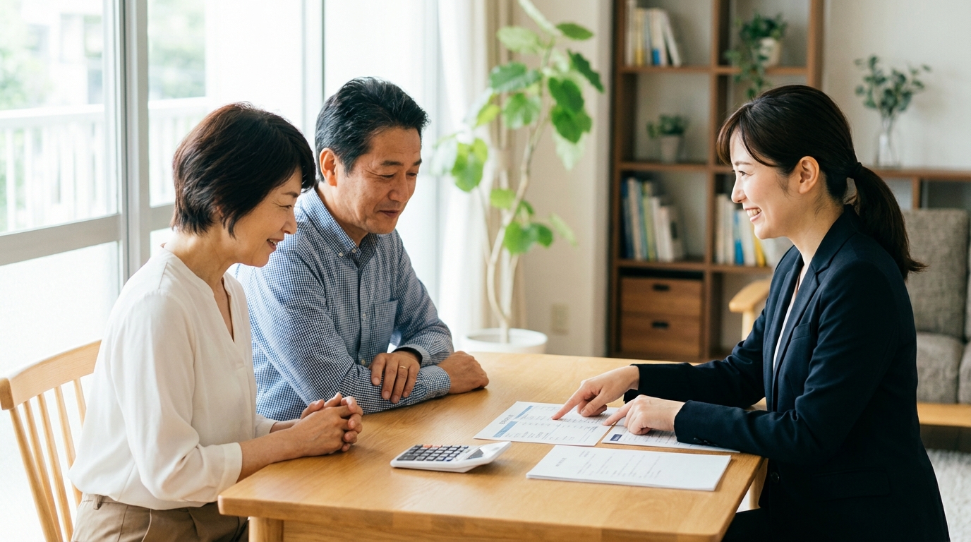 司法書士から相続登記の費用について説明を受け、安心している夫婦の様子。