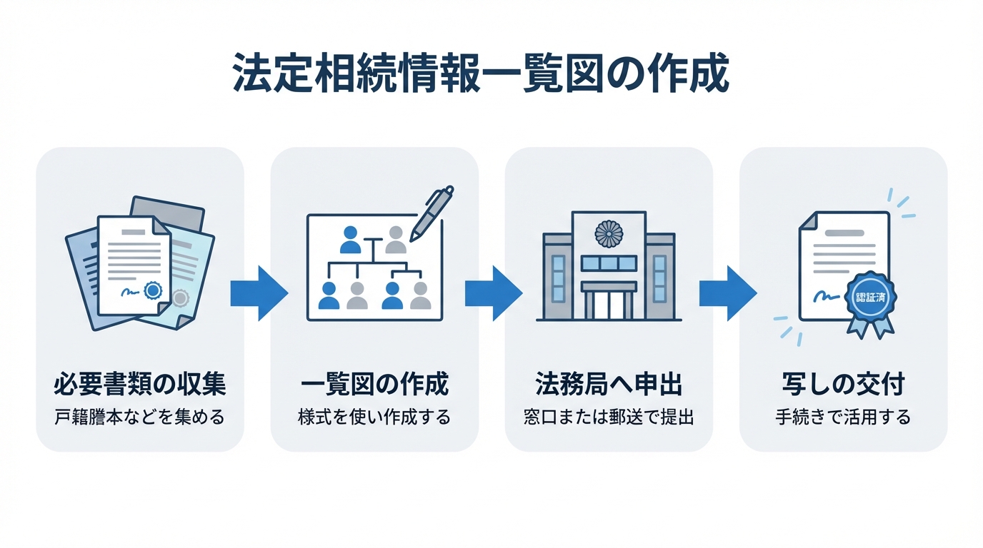 法定相続情報一覧図の作成手順を図解したインフォグラフィック。ステップ1「必要書類の収集」、ステップ2「一覧図の作成」、ステップ3「法務局へ申出」、ステップ4「写しの交付」の4段階の流れが示されている。