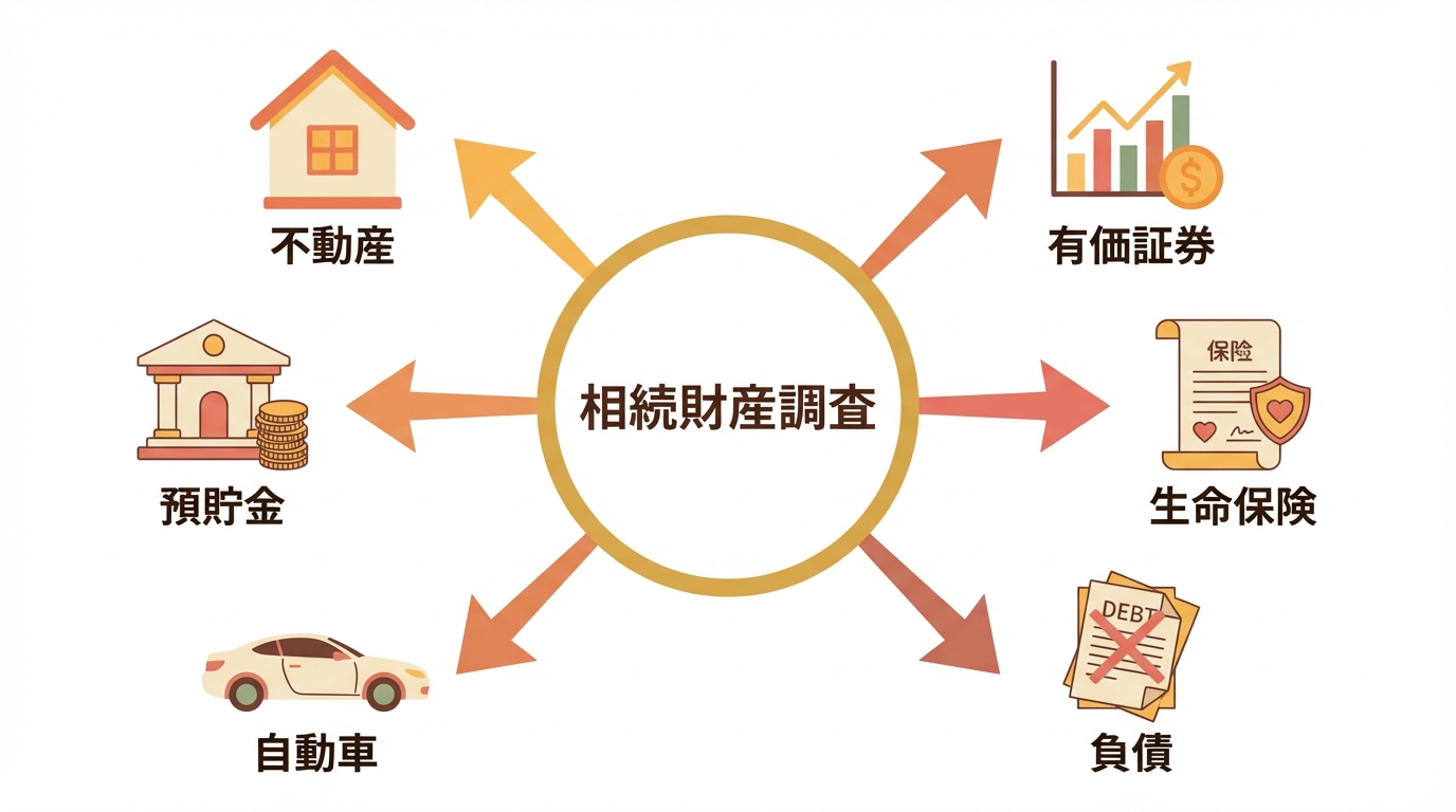 相続財産調査で調べるべきプラスの財産とマイナスの財産の種類を一覧にした図解。不動産、預貯金、有価証券、負債などがアイコンと共に示されている。