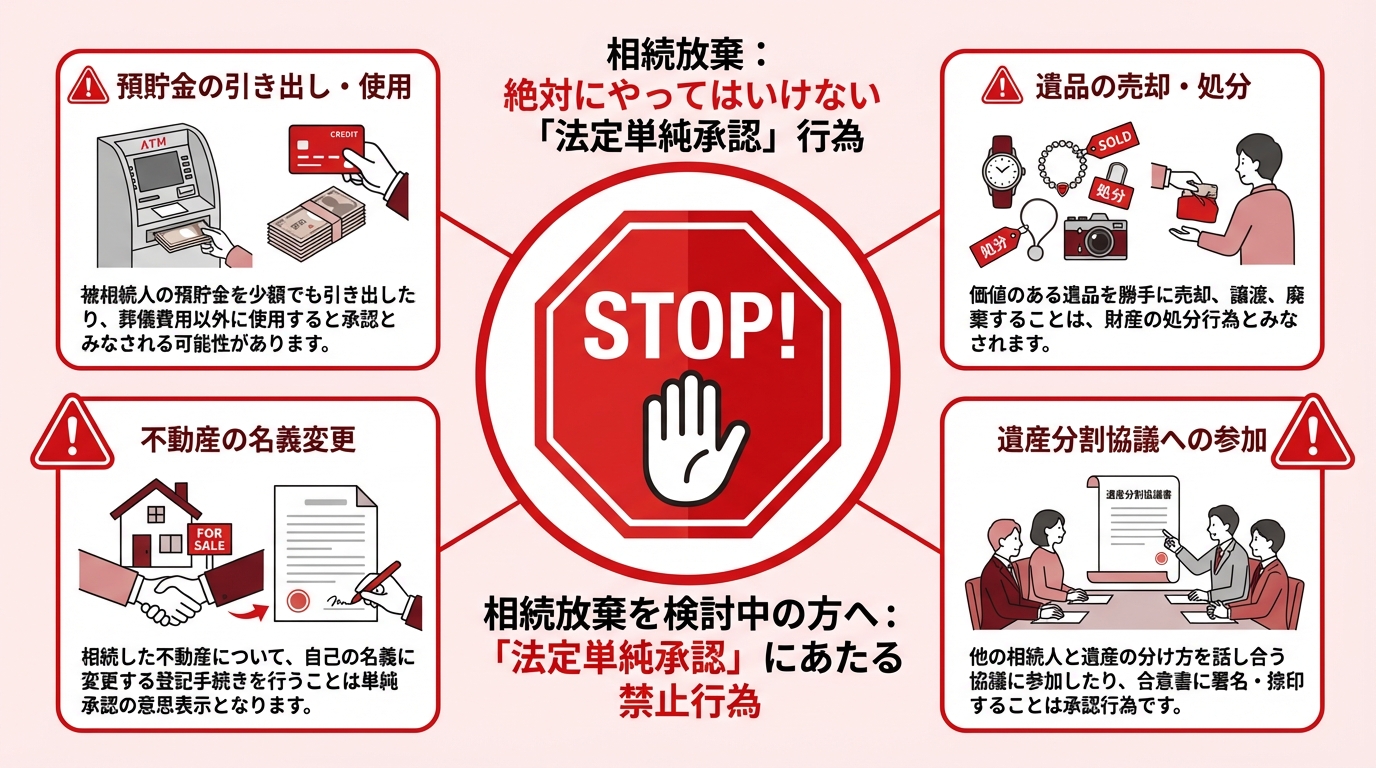 相続放棄ができなくなる可能性がある単純承認とみなされる行為の例をまとめた図解。預貯金の使用、遺品の売却、不動産の名義変更などが挙げられている。