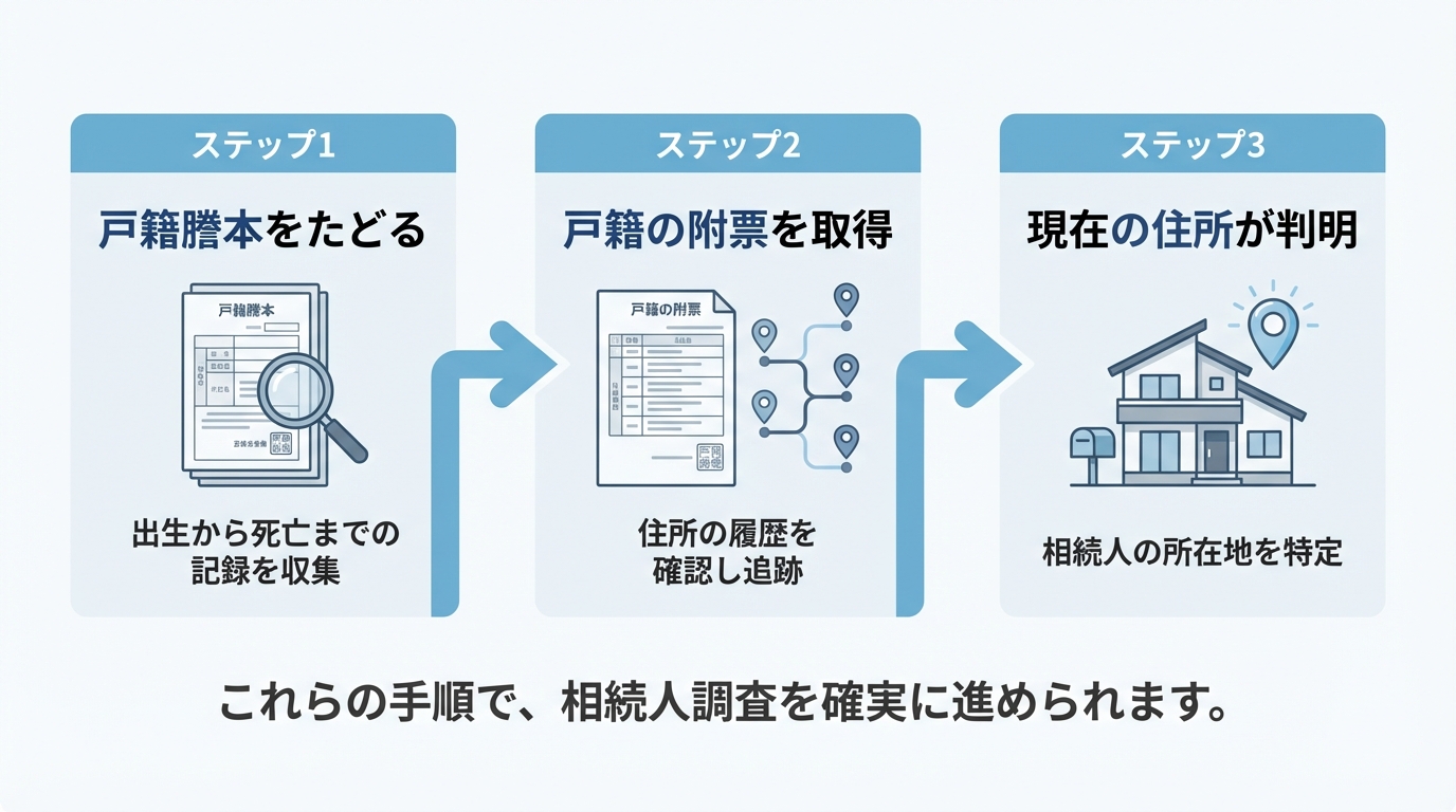 連絡が取れない相続人の住所を調査する3つのステップを示した図解。戸籍謄本をたどり、戸籍の附票を取得して現在の住所を特定する流れが描かれている。