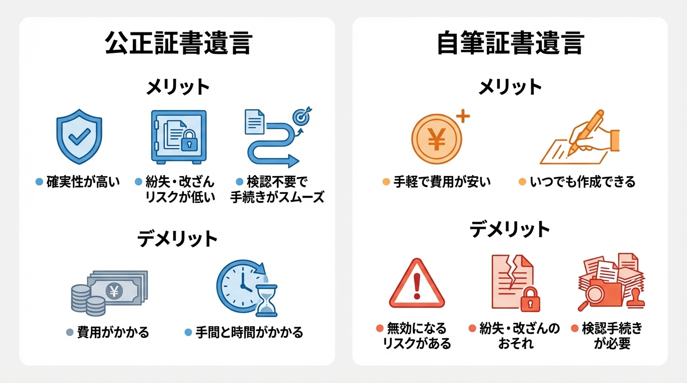 公正証書遺言と自筆証書遺言のメリット・デメリットを比較した図解。確実性や手続きのスムーズさでは公正証書遺言が、手軽さや費用面では自筆証書遺言が優れていることが示されている。