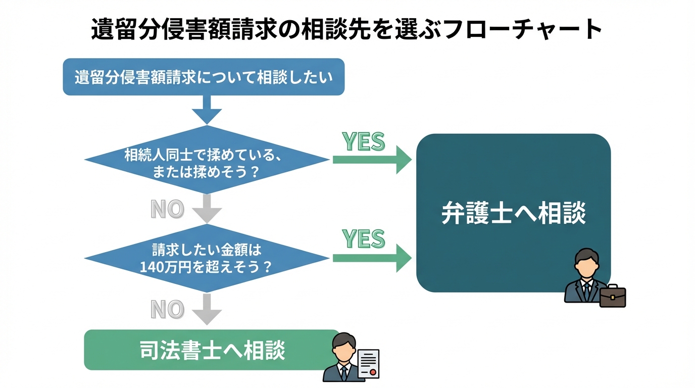 遺留分侵害額請求の相談先を司法書士か弁護士か判断するためのフローチャート。「揉めているか」「請求額は140万円を超えるか」の2つの質問で診断できる。