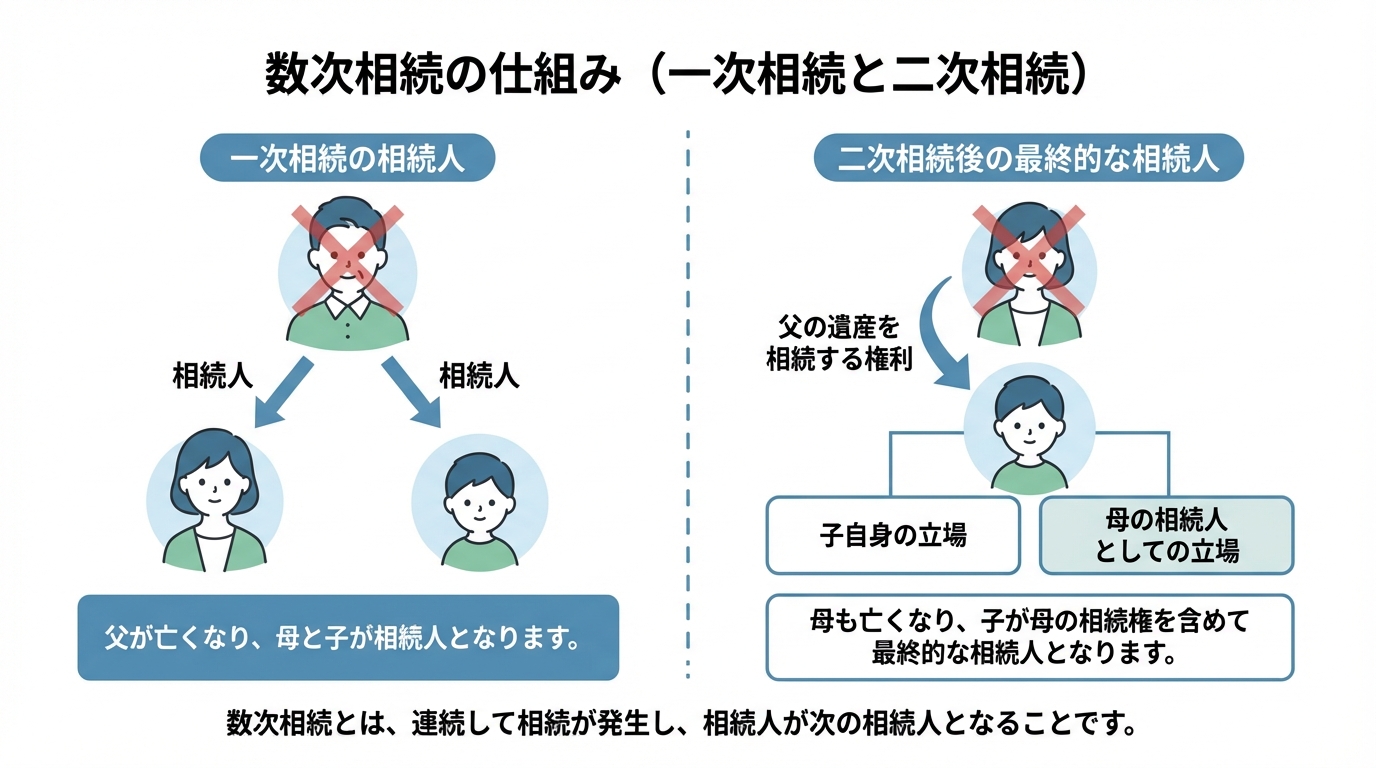 数次相続の仕組みを図解したインフォグラフィック。父が亡くなった一次相続では母と子が相続人となり、その後母が亡くなった二次相続では、子が母の権利も引き継ぎ最終的な相続人となる流れを示している。