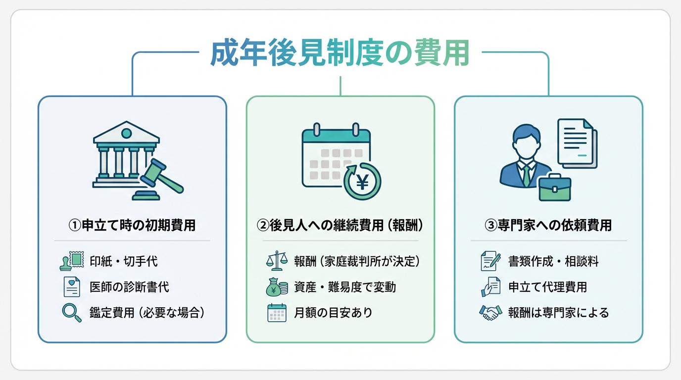 成年後見制度にかかる費用の全体像を示す図解。費用は「申立て時の初期費用」「後見人への継続費用」「専門家への依頼費用」の3種類に分類されている。