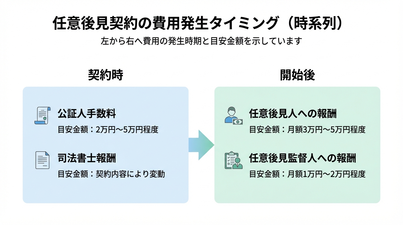任意後見契約にかかる費用のタイミングと種類をまとめた図解。契約時には公証人手数料と司法書士報酬、開始後には任意後見人と監督人への報酬が発生することが示されている。