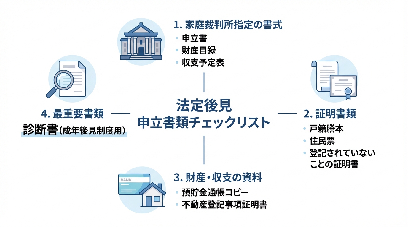 法定後見の申立てに必要な書類一式のチェックリストを図解したもの。裁判所指定書式、証明書類、財産資料、診断書の4つのカテゴリーに分けて整理されている。