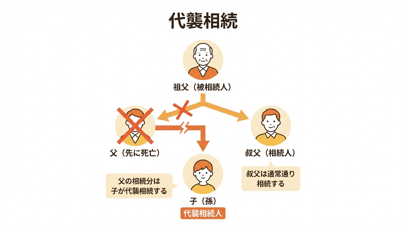 代襲相続の仕組みを図解で解説。祖父が亡くなった場合、先に亡くなった父の代わりにその子(孫)が相続人になる関係図。