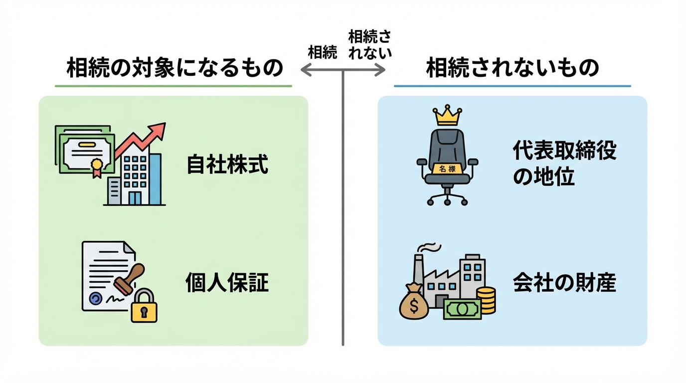 会社経営者死亡時の相続対象の図解。自社株式と個人保証は相続され、代表取締役の地位と会社の財産は相続されないことを示している。