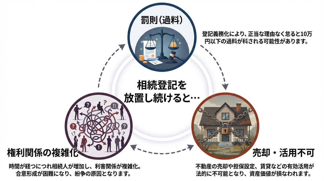 山積みの相続手続き書類を前に、何から手をつけていいか分からず悩んでいる夫婦のイラスト