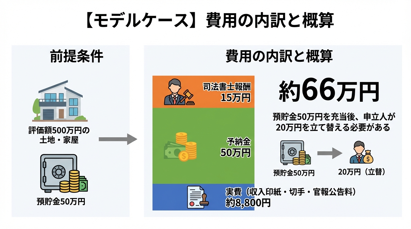 相続財産清算人選任にかかる費用のモデルケース。実費、予納金、司法書士報酬の内訳を示し、合計約66万円かかることを図解している。
