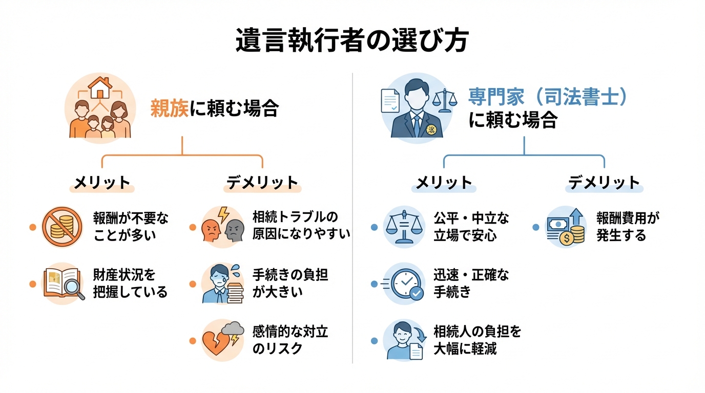 遺言執行者を「親族」に頼む場合と「専門家」に頼む場合のメリット・デメリットを比較した図解。