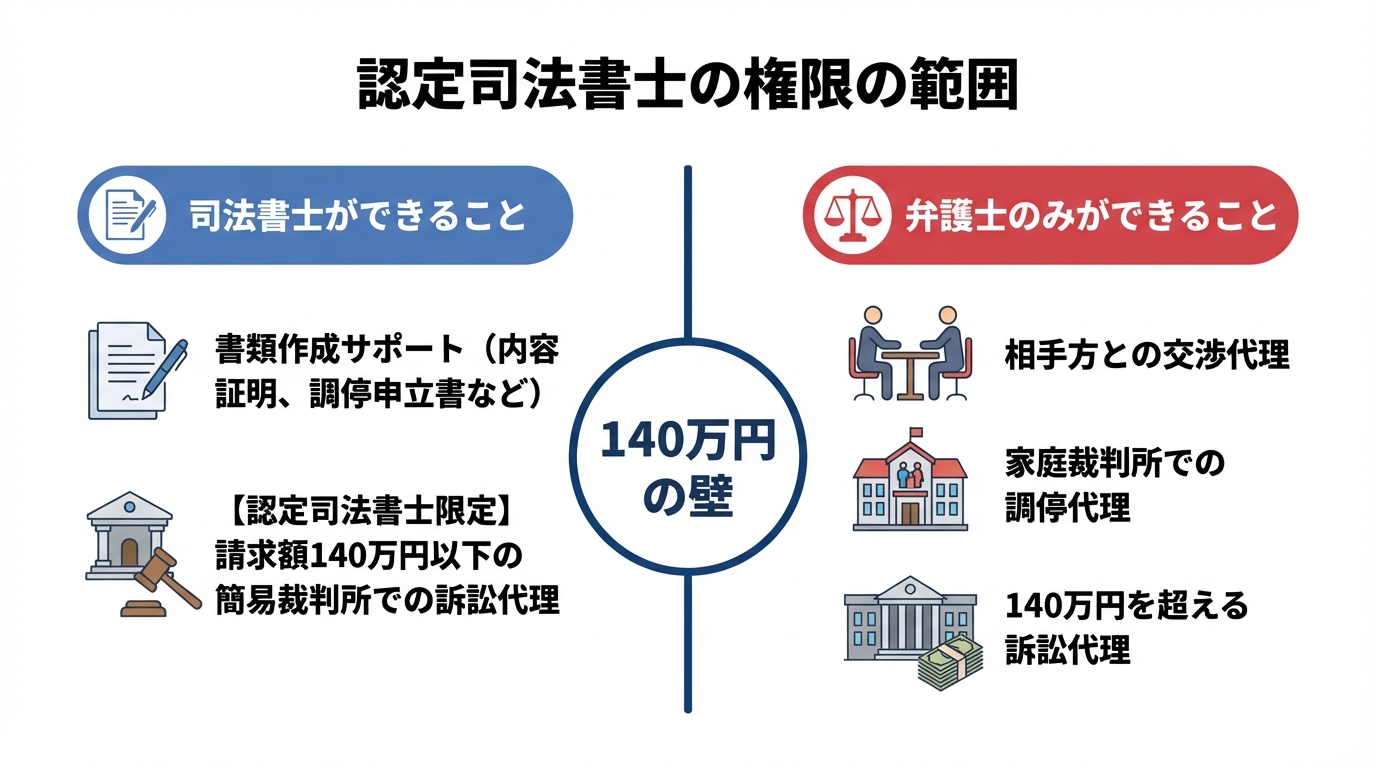 認定司法書士の権限の範囲を図解。司法書士は書類作成と140万円以下の簡裁代理が可能だが、交渉代理や家裁調停代理、140万円超の訴訟代理は弁護士のみが可能であることを示している。