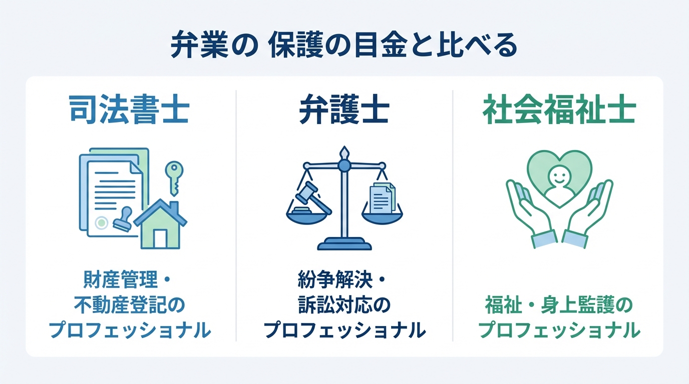 司法書士、弁護士、社会福祉士という3つの専門職後見人の役割を比較した図。司法書士は財産管理、弁護士は紛争解決、社会福祉士は福祉・身上監護が専門分野であることを示している。