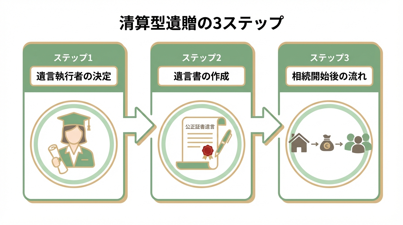 清算型遺贈を実現するための3つのステップ。遺言執行者の決定、遺言書の作成、相続開始後の流れを図解で示している。