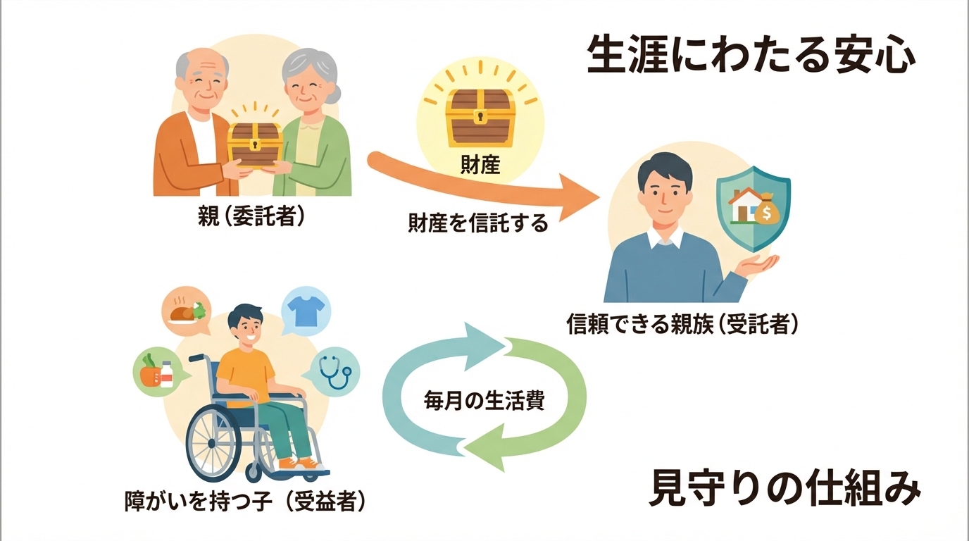 障がいを持つ子の「親なきあと」問題を解決する家族信託の仕組み図。親が信頼できる親族に財産を託し、子が継続的に生活費を受け取れる様子が描かれている。