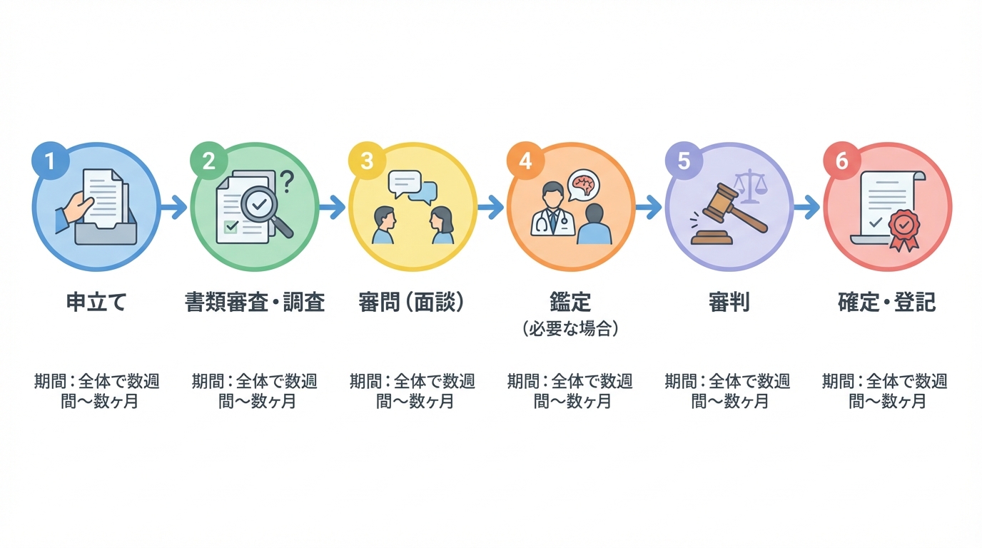 法定後見の申立てから後見開始までの手続きの流れを示した図。申立て、書類審査、審問、鑑定、審判、確定・登記の6ステップが時系列で並んでいる。