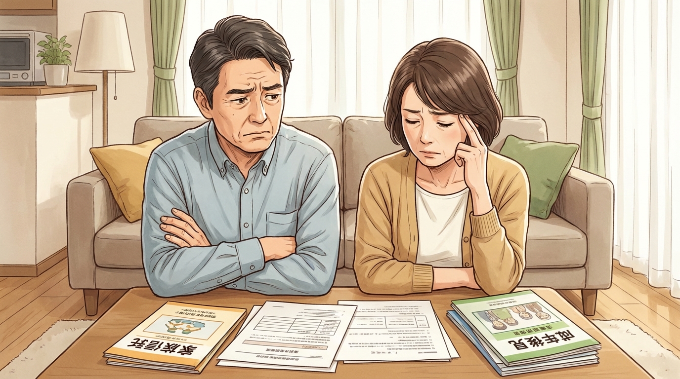 家族信託と成年後見制度のどちらを選ぶか、リビングで書類を前に悩む夫婦。
