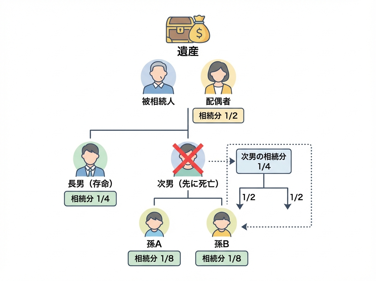 孫が代襲相続する場合の法定相続分の具体例。配偶者が1/2、長男が1/4、先に亡くなった次男の相続分1/4を二人の孫が1/8ずつ相続する様子を示した図。