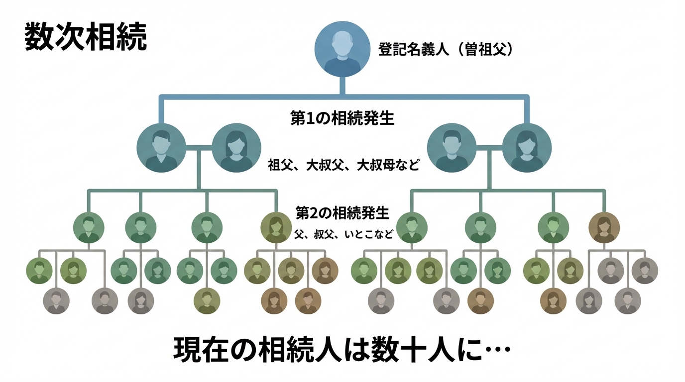 数次相続により相続人が増えていく様子を示した図解。曾祖父から始まり、世代を経るごとに相続人の数がねずみ算式に増え、最終的に数十人になる過程が描かれている。