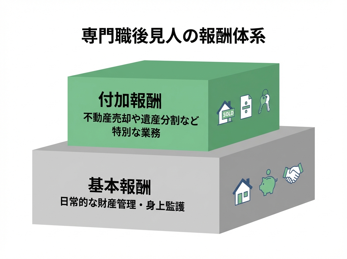 専門職後見人の報酬が「基本報酬」と「付加報酬」の2階建て構造であることを示す図解。日常業務が基本報酬、特別な業務が付加報酬となる。