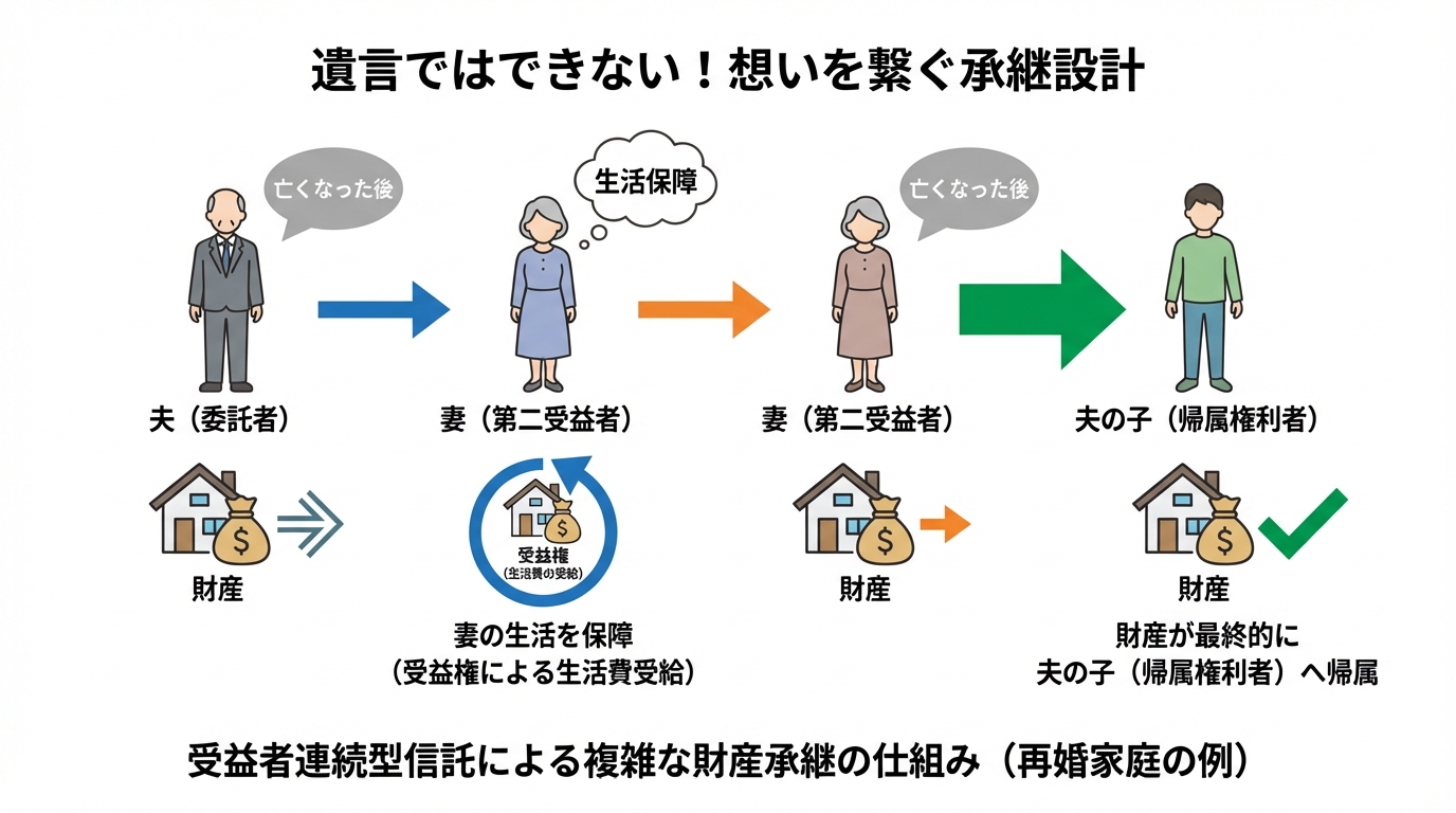 受益者連続型信託の仕組みを図解したインフォグラフィック。夫から再婚相手の妻へ、そして妻の死後は夫の子へと財産が承継される流れが示されている。
