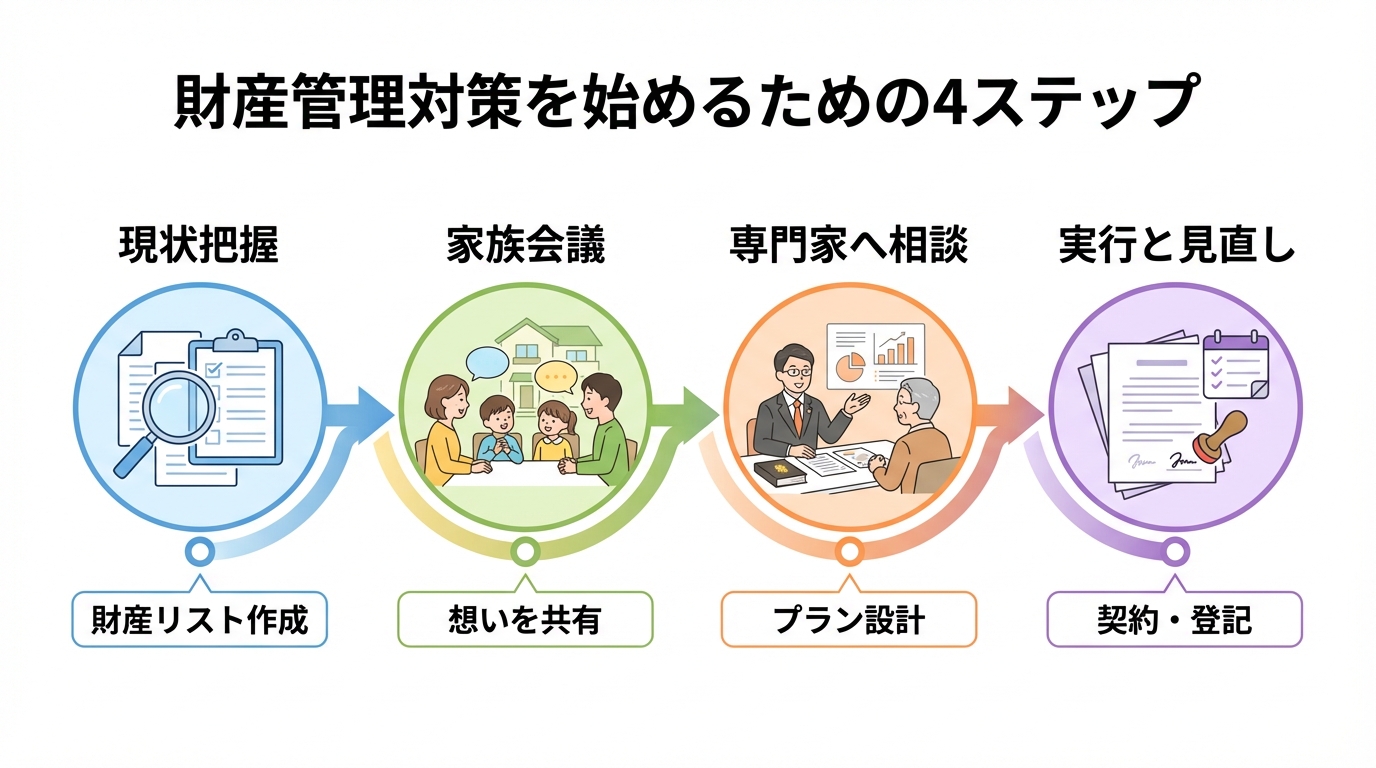 認知症対策を始めるための4ステップ(現状把握、家族会議、専門家相談、実行)を示した図解