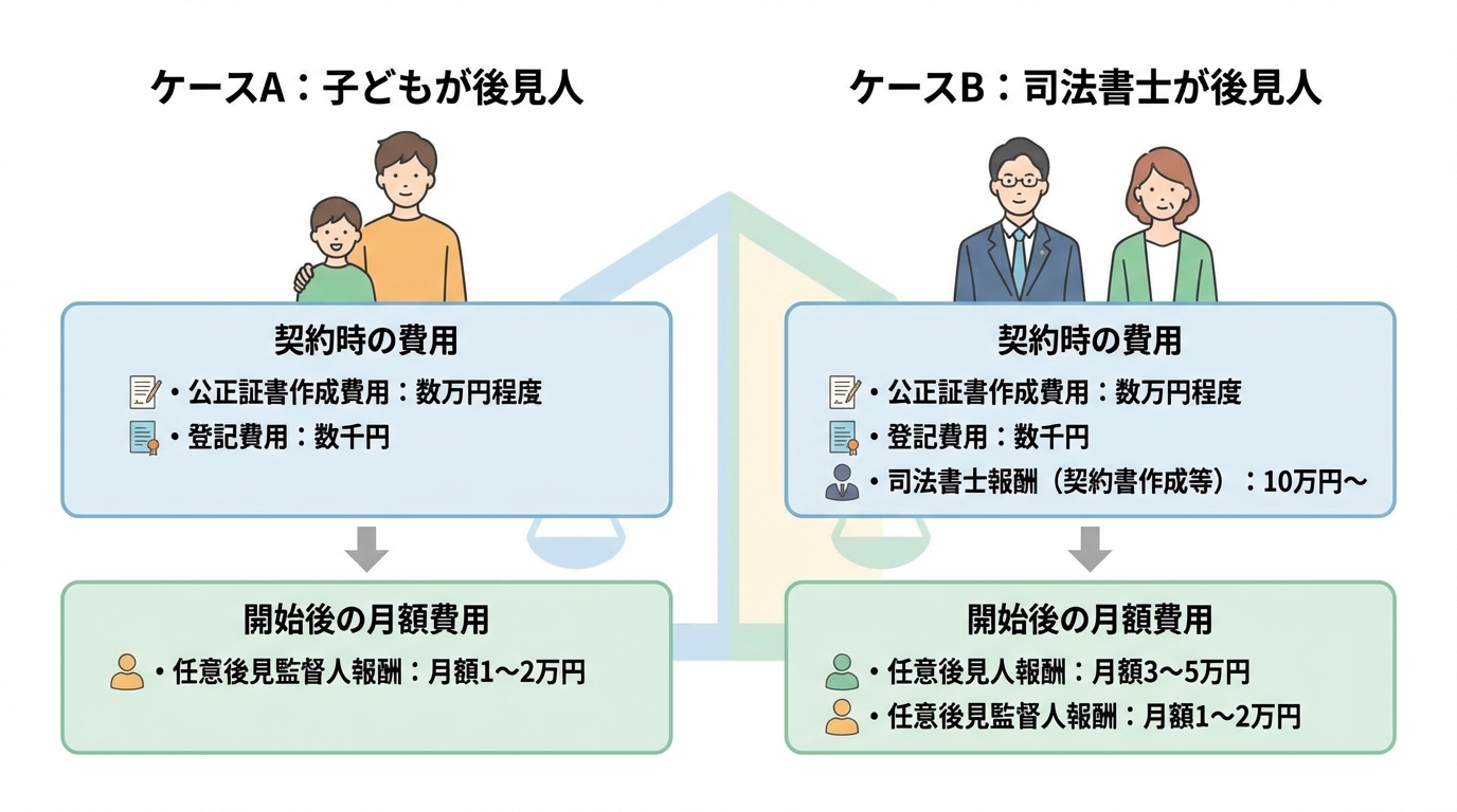 任意後見費用のモデルケース比較図。「子どもが後見人」の場合と「司法書士が後見人」の場合の契約時費用と開始後の月額費用をシミュレーションしている。