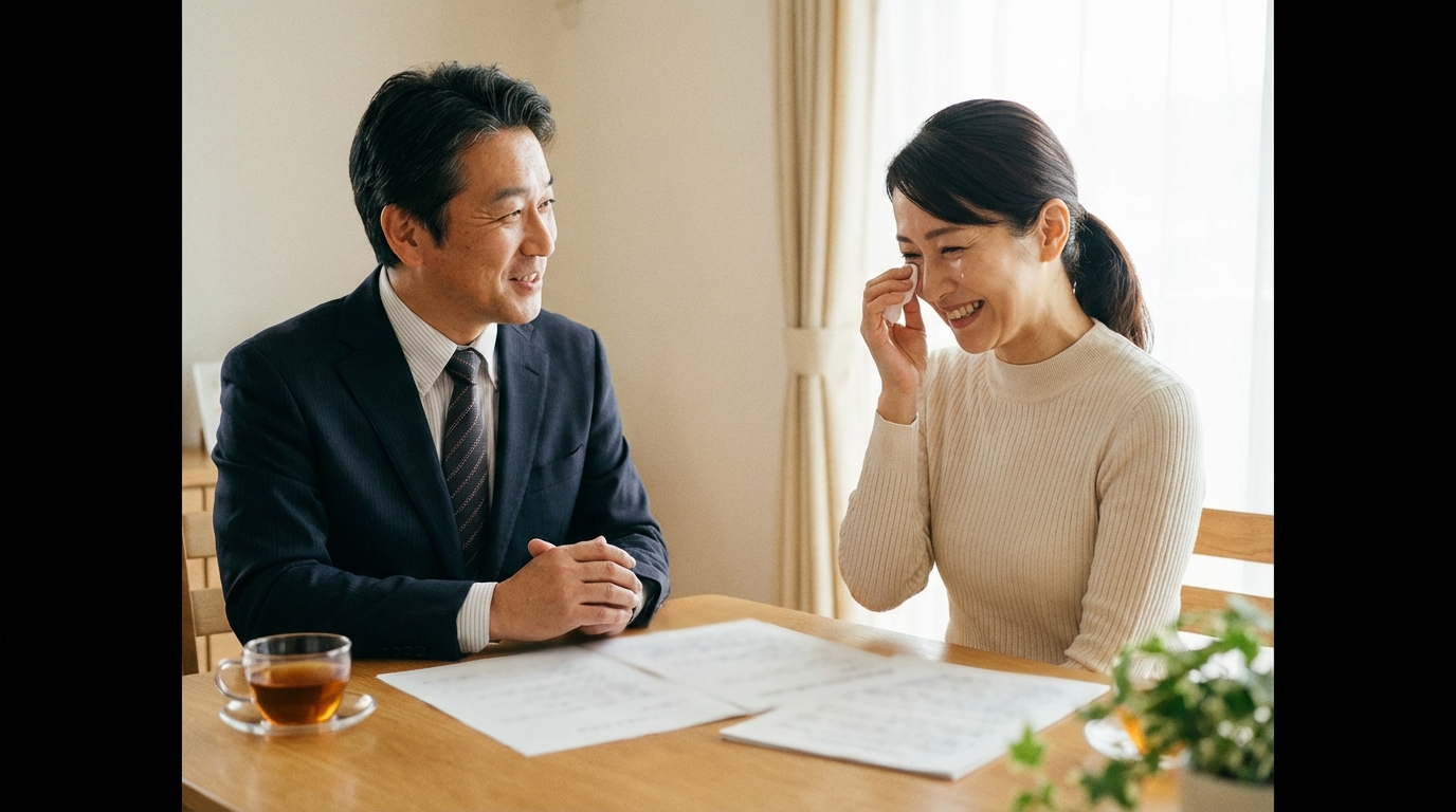 遺産分割協議書を作成した後の手続きの流れを示したフローチャート。不動産登記、預貯金解約、株式名義変更、相続税申告の4ステップが順番に並んでいる。