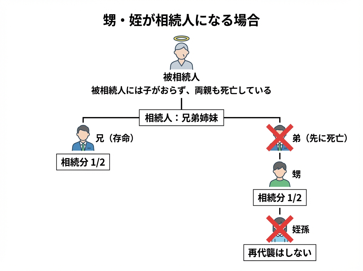 甥・姪が代襲相続する場合の法定相続分の具体例。先に亡くなった弟の相続分1/2をその子である甥が相続するが、甥の子(姪孫)へは再代襲しないことを示した図。