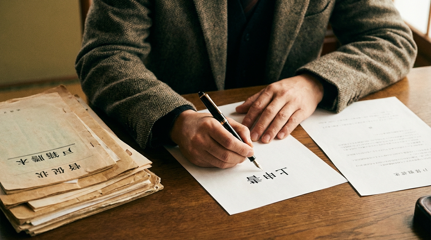相続放棄の期限後に家庭裁判所へ提出する上申書を作成している様子。証拠書類と共に慎重に準備を進めている。