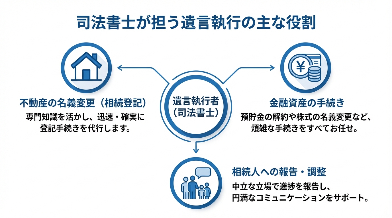司法書士が遺言執行者として担う3つの主な役割（不動産登記、金融資産手続き、相続人への報告）を示した図解。
