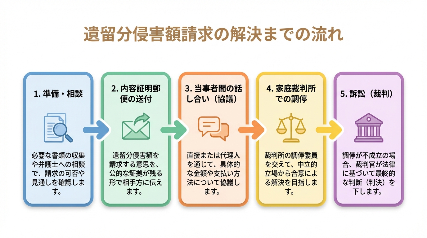 遺留分侵害額請求の解決までの流れを5つのステップで解説した図解。準備・相談から始まり、内容証明送付、話し合い、調停、訴訟へと進むプロセスが示されている。