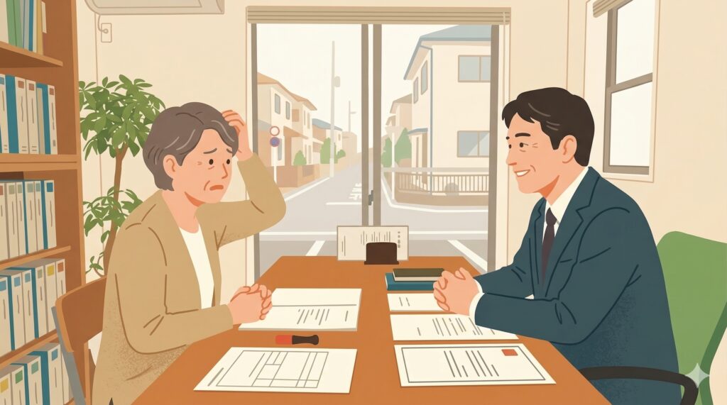 司法書士に遺産分割について相談している年配の女性。専門家が親身に話を聞いている。