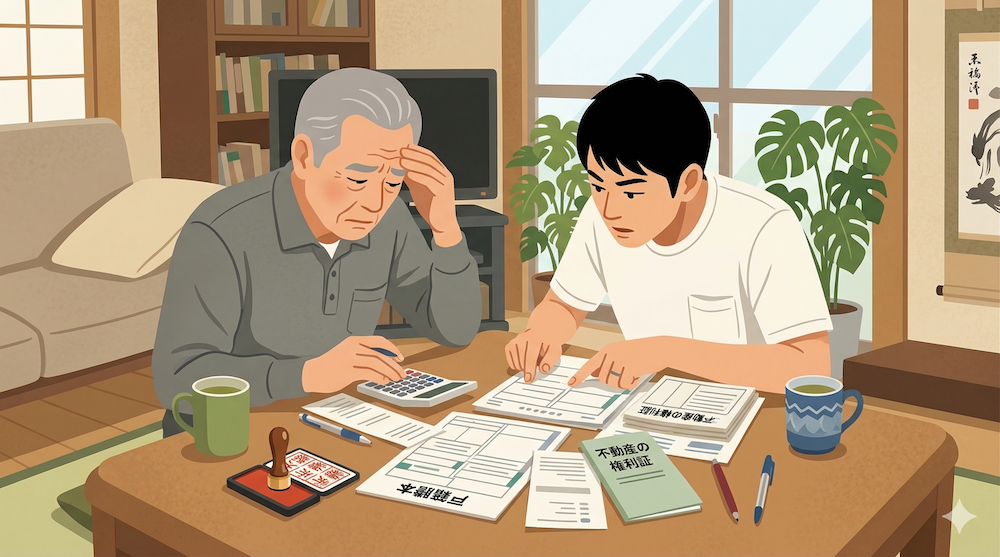自宅のリビングで贈与税の計算に頭を悩ませる高齢の父親と息子。家族信託における税金の複雑さを示唆している。