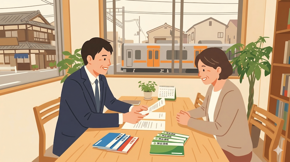 尼崎市の司法書士が、地元の金融機関での相続手続きについて相談者に親身に説明している様子