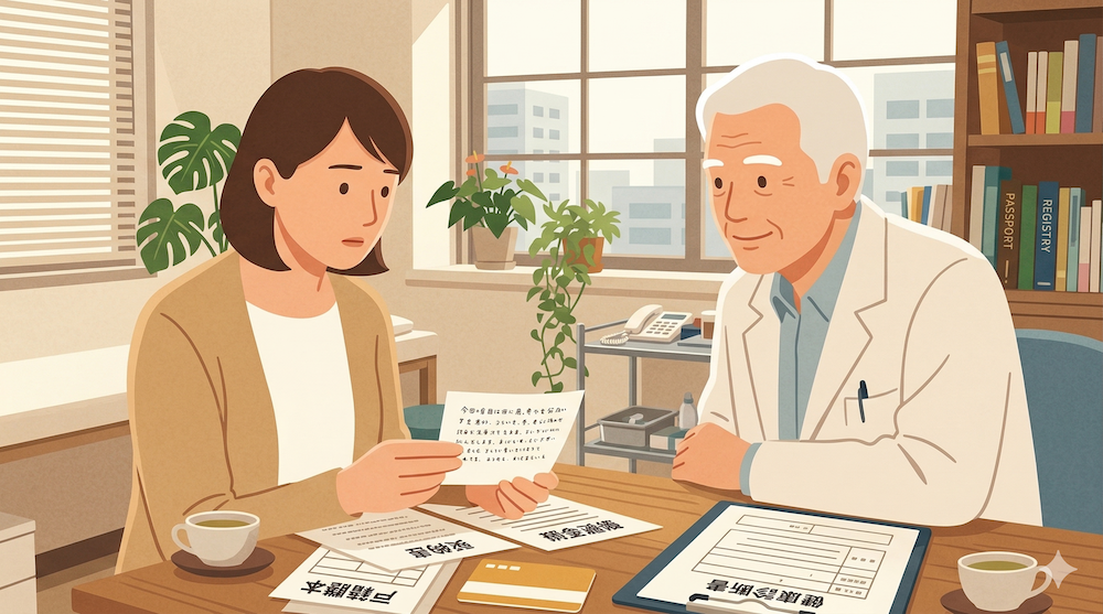 成年後見制度の診断書について、家族が医師に相談している様子。診察室で、娘が父親の生活状況をメモで示しながら説明している。