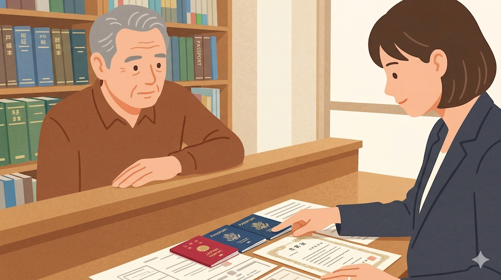 司法書士に国際相続の相談をする男性。テーブルには外国の書類が広げられ、専門家が丁寧に説明している。