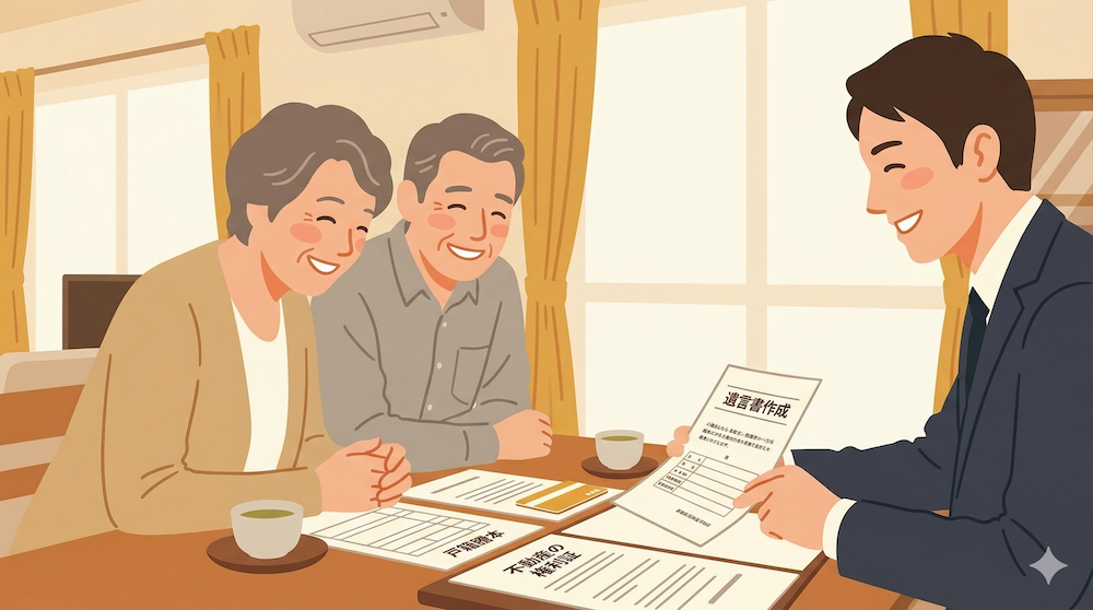 遺言書作成について専門家と相談し、安心した表情を浮かべるシニア夫婦。将来の相続に備えることの重要性を象徴する写真。
