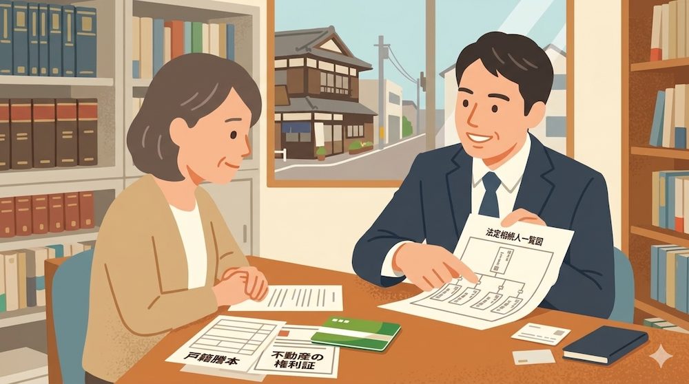 司法書士事務所で、法定相続情報一覧図を使った手続きについて司法書士から説明を受け、安心した表情を浮かべる相談者。