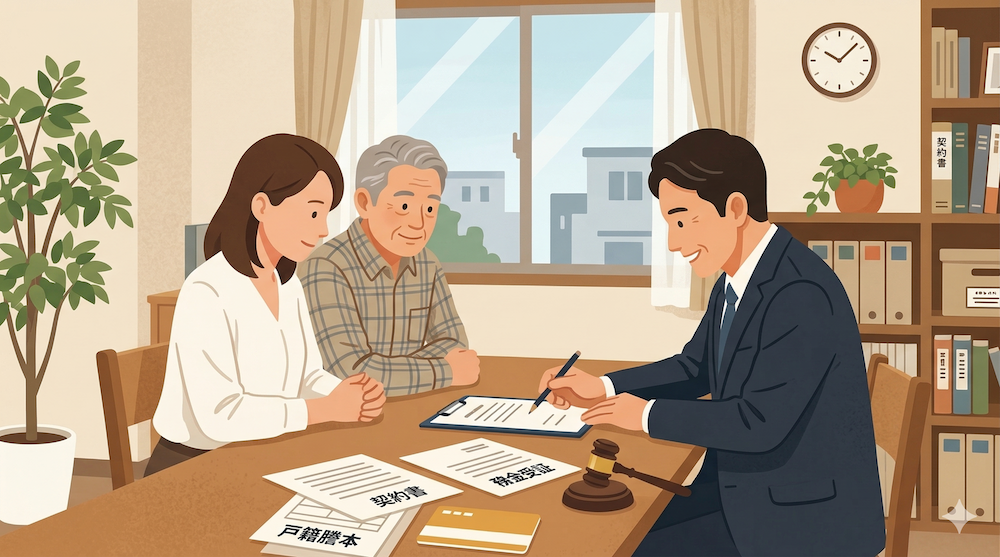司法書士事務所で、専門職後見人について相談する夫婦。司法書士からチェックリストを見ながら説明を受け、納得している様子。
