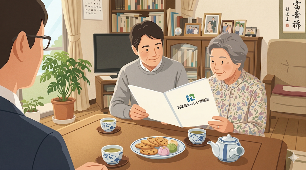 家族信託について、リビングで和やかに話し合う三世代の家族。