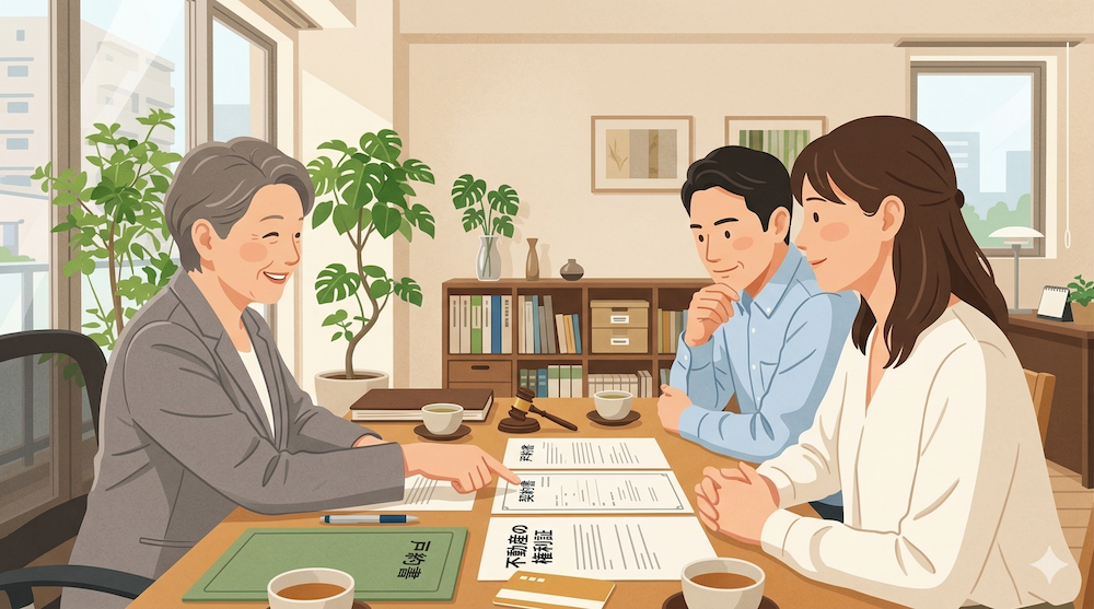 司法書士に家族信託の失敗事例について相談し、真剣に説明を聞く夫婦。
