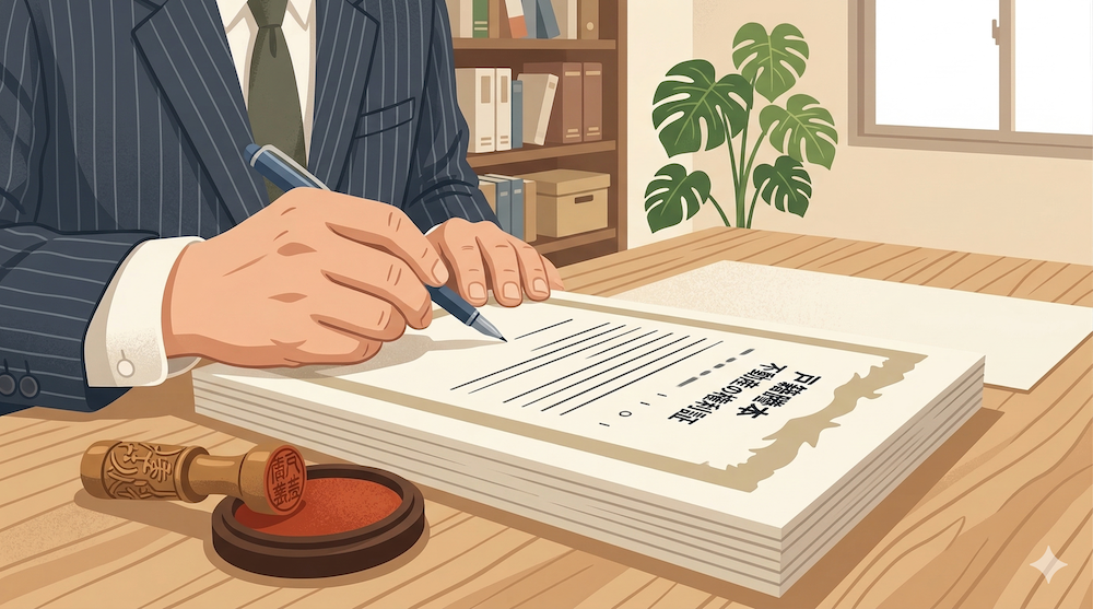 家族信託契約書(公正証書)に署名する瞬間の手元。家族の未来を守るための重要な手続きであることを象徴している。