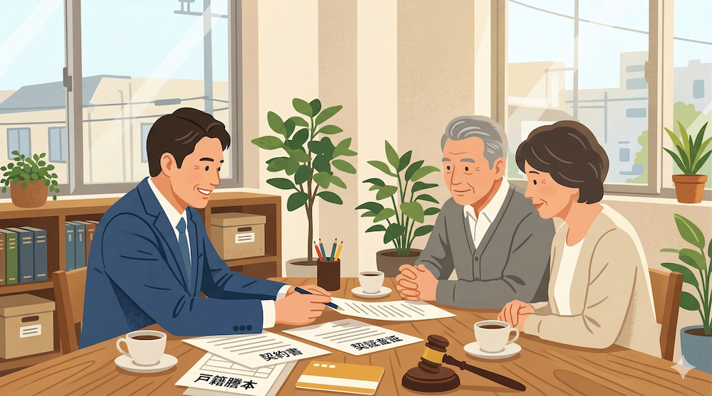 尼崎の司法書士事務所で、家族信託について相談している夫婦。司法書士が丁寧に説明し、夫婦は安心した表情で耳を傾けている。