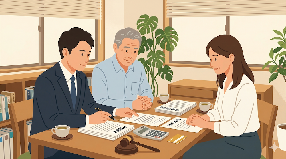 司法書士から家族信託の費用について説明を受ける夫婦。専門家のアドバイスに納得している様子。