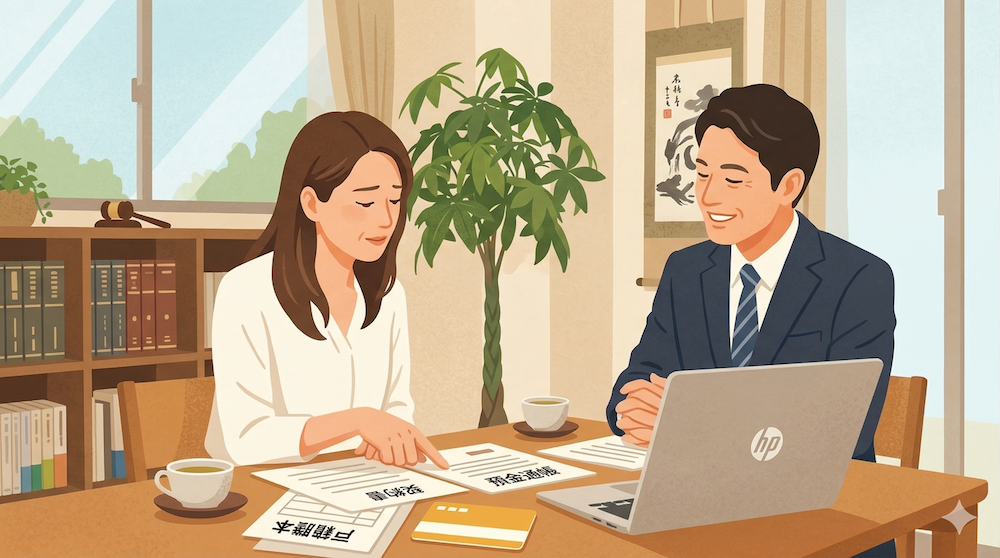 法律事務所で司法書士に相談する女性。連絡が取れない相続人の問題について、専門家からアドバイスを受けている様子。