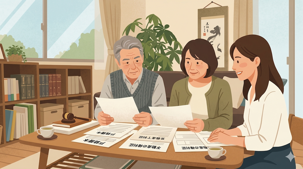 認知症になる前の財産管理について不安な表情で話し合う中高年夫婦